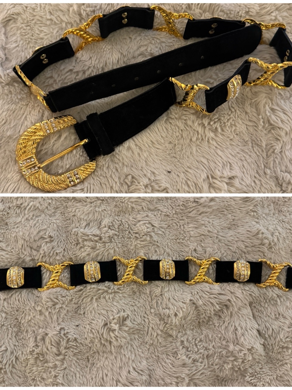Black Velvet Chain-Link Waist Belt with Gold Accents